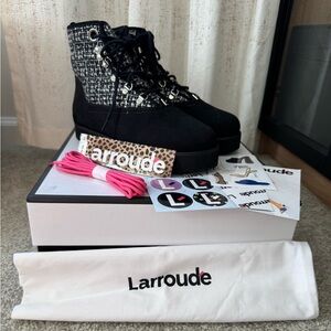 Larroude Vail Black and White Boots with Pink Laces